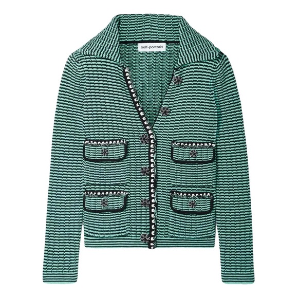 SELF-PORTRAIT Embellished Striped Cotton-Blend green Cardigan - Picture 4 of 6